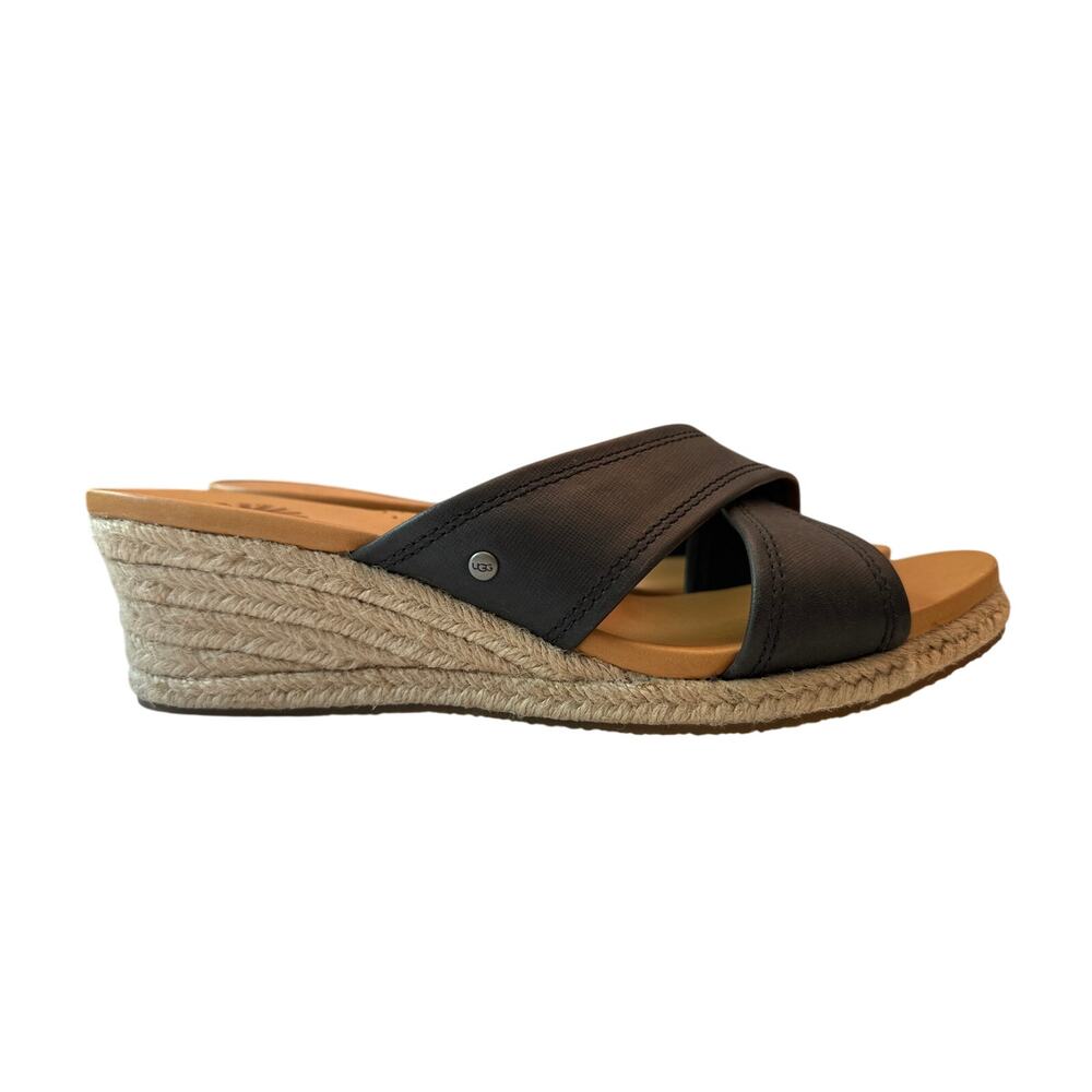 UGG Gwyn NWOT Black Leather Crisscross Espadrille Wedge Sandals Slides Size 10